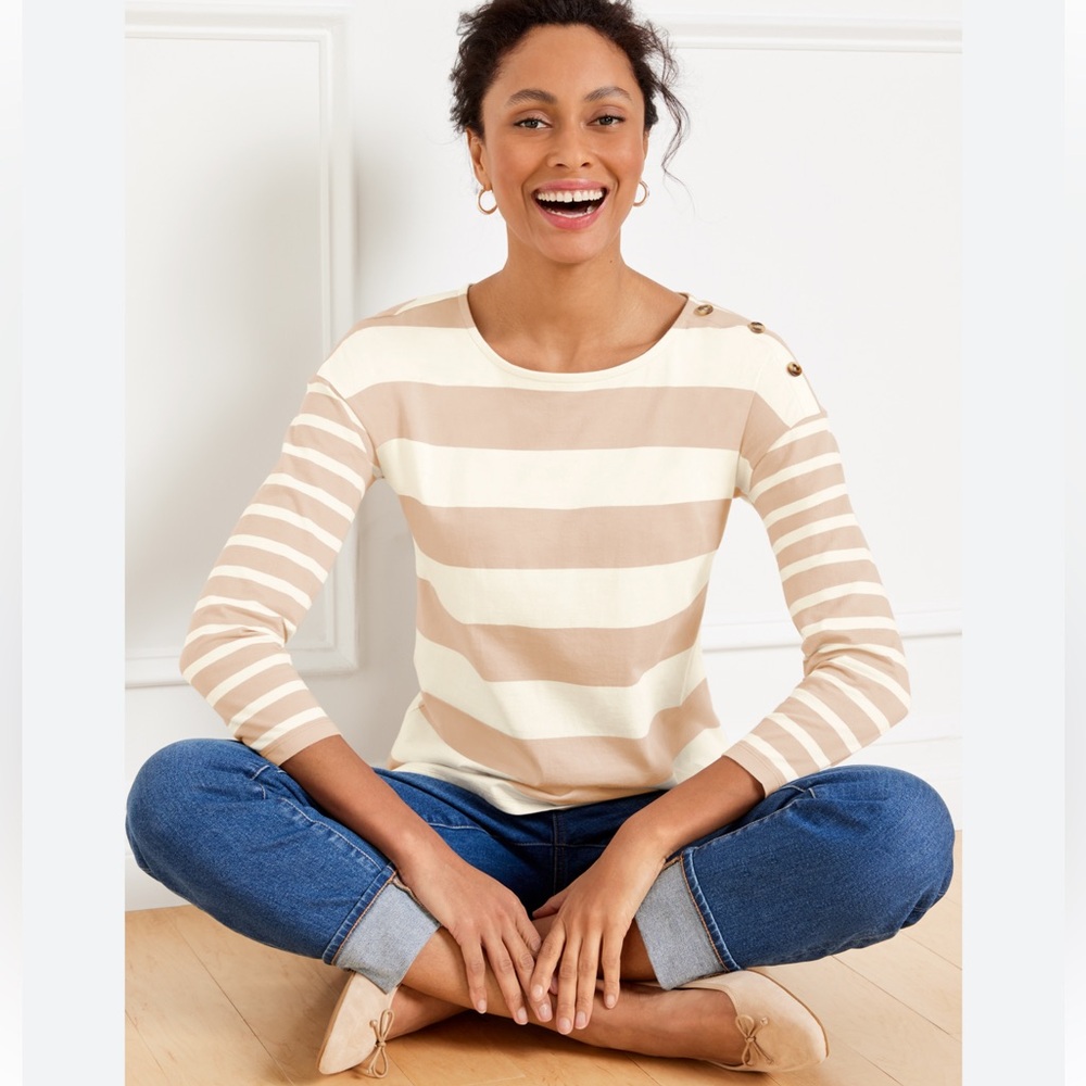 Talbots Cream and Beige Striped Button-Shoulder Long Sleeve Top